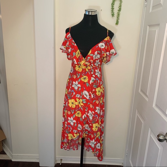 F21 Liberty Floral Flowy Cutout Shoulder Wrap Hi Low Dress - Picture 2 of 15